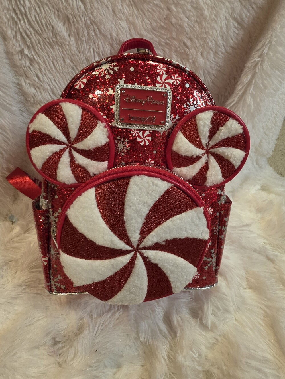 Disney Parks Loungefly Red Glitter Peppermint Mickey Mouse Holiday Mini Backpack